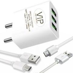 Vip 3.4 AMP High Speed Charging Adapter with 1 Type C Cable & 1 Micro USB Data Cable 3.4 A Multiport Mobile Charger with Detachable Cable (Cable Included)