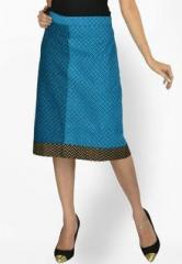9rasa Aqua Blue Mangalgiri Cotton Block Printed Mid Length Skirt women