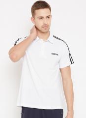 ADIDAS Men White Solid D2M 3 Stripe Polo T shirt
