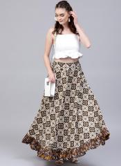 Aks Beige & Brown Printed Maxi Flared Skirt women