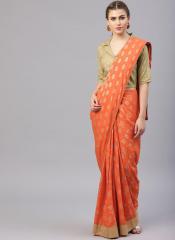 Aks Orange & Golden Printed Saree with Stitched Pleats women