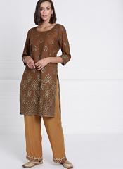All About You Brown Printed Straight Kurta women