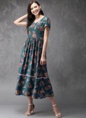 Anouk Teal Blue Printed Fit And Flare Dress women