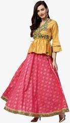 Bhama Couture Pink Self Design Flared Skirt With Top women