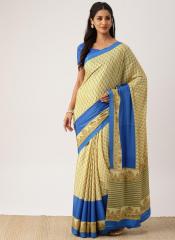 Drape Stories Beige & Blue Silk Blend Printed Saree