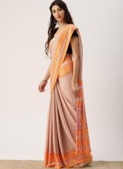 Drape Stories Beige & Orange Silk Blend Printed Saree women