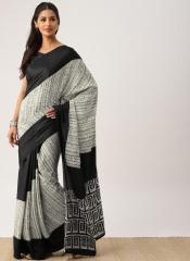Drape Stories Black & White Silk Blend Printed Saree women