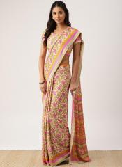 Drape Stories Cream Coloured & Pink Poly Georgette Printed Saree women