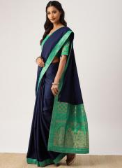 Drape Stories Navy Blue & Green Solid Pure Silk Saree