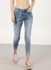 Ether Blue Regular Fit Mid Rise Low Distress Stretchable Cropped Jeans women