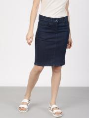 Ether Blue Solid A Line Knee Length Skirt women