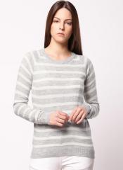 Ether Grey Melange & Cream Coloured Striped Pullover Sweater women