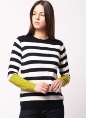 Ether Off White & Navy Blue Striped Pullover Sweater women