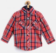 Gini and Jony Boys Coral Red & Navy Regular Fit Checked Hooded Casual Shirt