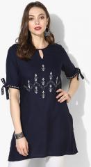Global Desi Navy Blue & White Embroidered Tunic women
