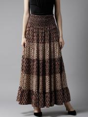 HERE&NOW Coffee Brown & Beige Ethnic Print Maxi Tiered Skirt