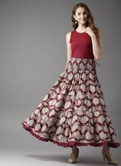 Here&now Maroon & Beige Printed Tiered Maxi Flared Skirt women