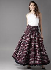 Here&now Navy Blue & Maroon Printed Tiered Maxi Flared Skirt women