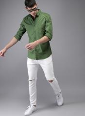 Here&now Olive Green Regular Fit Solid Casual Shirt men