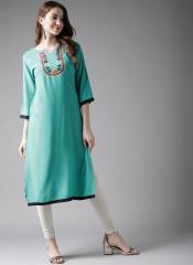 Here&now Turquoise Blue Embroidered Straight Kurta women