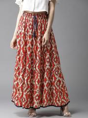HERE&NOW Women Red & Cream Coloured Printed Maxi Tiered Skirt