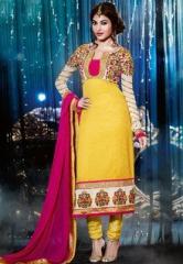Inddus Yellow Embroidered Dress Material women