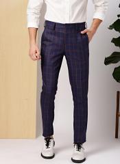 Invictus Navy & Rust Red Slim Fit Checked Formal Trousers men