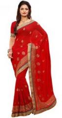 Ishin Red Embroidered Saree women