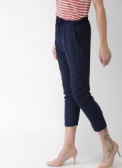 Mast & Harbour Navy Blue Regular Fit Solid Cropped Regular Trousers women