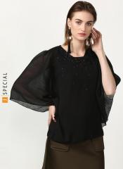 Miss Bennett Loose Flowy Top With Stone Work On The Front And Wide Sleeves In Sheer Fabric women
