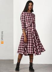 Miss Bennett Maroon Checked Fit and Flare Dress women