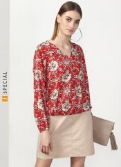 Miss Bennett Red Printed Crossover Front Panel Top With Elasticated Hem And Cuff women