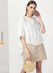 Miss Bennett White Boxy Top With Half Sleeves And Contrast Lace Detailing All Across The Body women