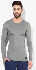 Nike Grey Solid Skinny Fit Compression T Shirt men