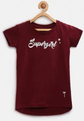 Palm Tree Burgundy Solid Round Neck T Shirt With Printed Detail girls