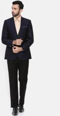 Park Avenue Men Navy Blue & Black Slim Fit Single Breasted Self Design Formal Suit