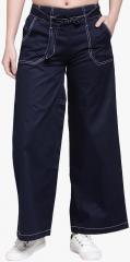Pluss Navy Blue Solid Flared Parallel Trouser women