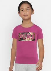 Puma Girls Magenta Printed Round Neck Style Graphic T shirt