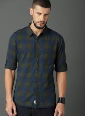 Roadster Fast And Furious Navy Blue & Olive Green Regular Fit Checked Casual Shirt men
