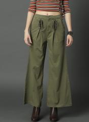 Roadster Olive Green Flared Solid Bootcut Trouser women