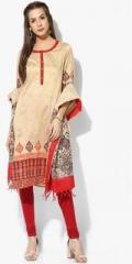 Sangria 3/4Th Sleeves Round Neck Kurta With Contrast Placket Detail With Knit Churidar Printed Chanderi Dupatta women