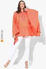 Sangria Band Collar Full Sleeves Kaftan Top With Embroidered Neck And Placket Detail women