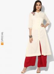 Sangria Band Collar Soli A Line Kurta With Embroidery On Shoulder & 3/4th Sleeves women