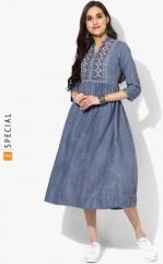 Sangria Blue Band Collar 3/4Th Sleeves Rayon Flared Printed Kurta With Embroidery women
