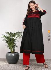 Sangria Embroidered Round Neck Flared Kurta With Tassels Detail And Three Quarter Sleeves women