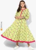 Sangria Green Printed Band Collar Anarkali With 3/4Th Sleeves women