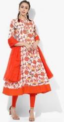 Sangria Mandarin Collar Printed Anarkali With Orange Knitted Churidar & Orange Dupatta women
