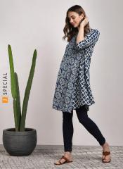 Sangria Mandarin Collar Three Fourth Sleeves Printed Tunic With Drpey Front Detail women