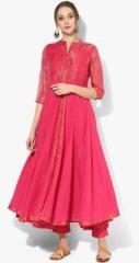 Sangria Mandarin Collar Zari Yoke Embroidered Flared Anarkali With Front Slit Teamed With Straight Pant women