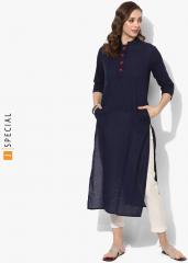 Sangria Navy Blue Embroidered Printed Cotton Dobby Mandarin Collar Straight Fit Kurta With 3/4th Sleeves women